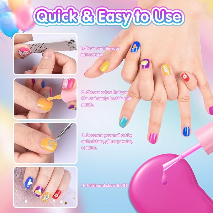 Kids Nail Art Set - Non-Toxic, Water-Based Peel-off Quick Drying Nail Polish, 6 Rainbow Colors for Kids Age 3+