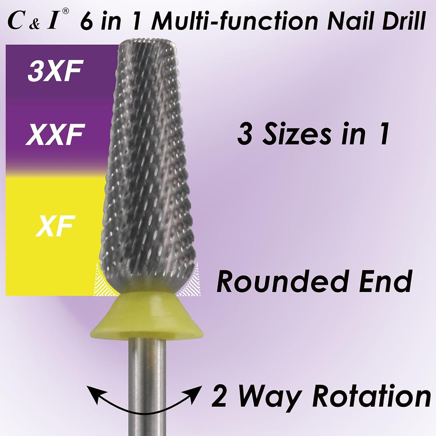 C & I Nail Drill Bit 6 in 1 Multi-function Rounded End E File, Tungsten Steel CNC Overall Cutting, Manicure Tool for Nail Tech Quick Remove Nail Gels, Acrylic Nails (Original, Extra Fine -XF)