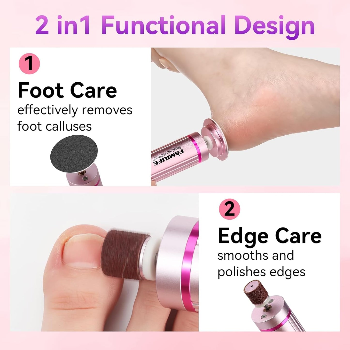 FAMILIFE Electric Foot File Callus Remover – Rechargeable Pedicure Tool with Display Screen, Replaceable Sandpaper Discs, Forward & Reverse Rotation, for Men and Women
