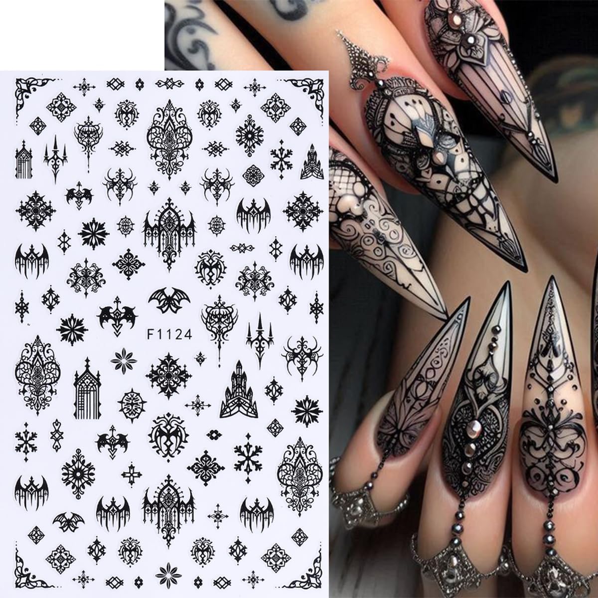 Halloween Nail Art Stickers Decals 3D Gothic Nail Stickers 6PCS Black Skulls Bat Gothic Architecture Design Self-Adhesive Nail Decals Y2K Manicure Accessories for Women Holiday Nail Art Decorations