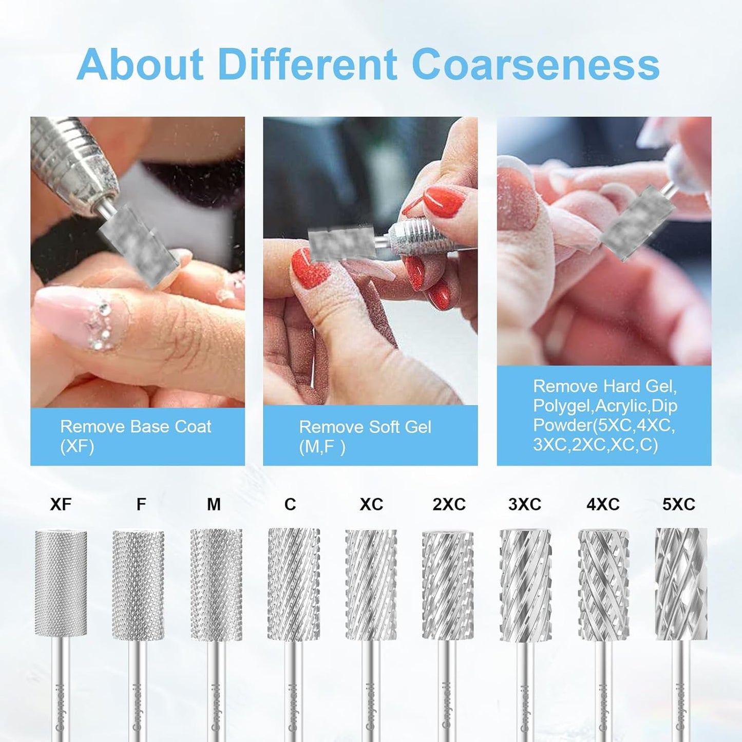 3/32" Large Barrel Bit Tungsten Carbide Nail Drill Bit Safety Bit for Gel & Acrylic Removal, Right Way Rotating Efile Tip, Salon Electric File Accessory (5XC Girt, Silver)