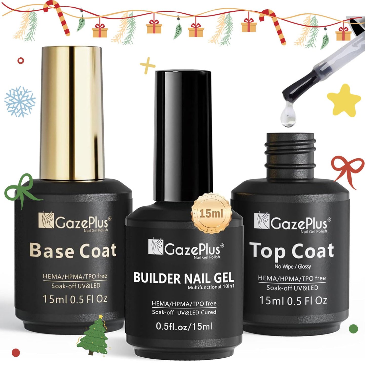 3Pcs 15ml Builder Nail Gel with Base and No Wipe Top Coat Set 10-in-1 Clear Builder Gel With Top and Base Coat Shine Finish and Long Lasting for Christmas Gift Nail Extension Strengthener