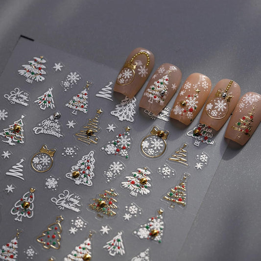 Christmas Nail Stickers 5D Embossed Xmas Tree Nail Decals with Rhinestones Snowflake Winter Nail Design Self-Adhesive Holiday Nail Art Decoration for Women Girls Nail Art Decoration