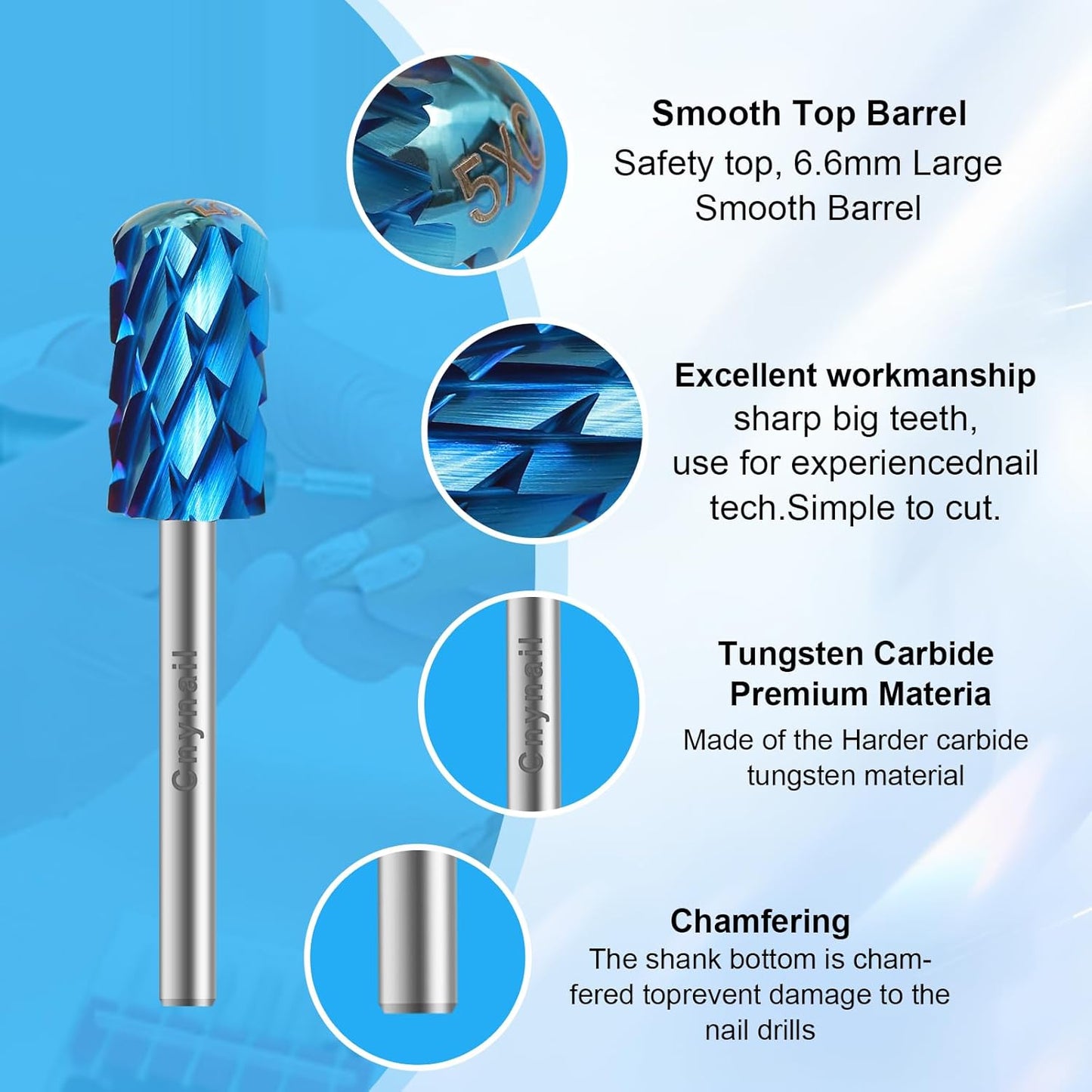 3/32" Large Barrel Smooth Round Top Tungsten Carbide Nail Drill Bit Safety Bit for Gel & Acrylic Removal, Right Way Rotating Efile Tip, Salon Electric File Accessory (5XC Grit, Blue)