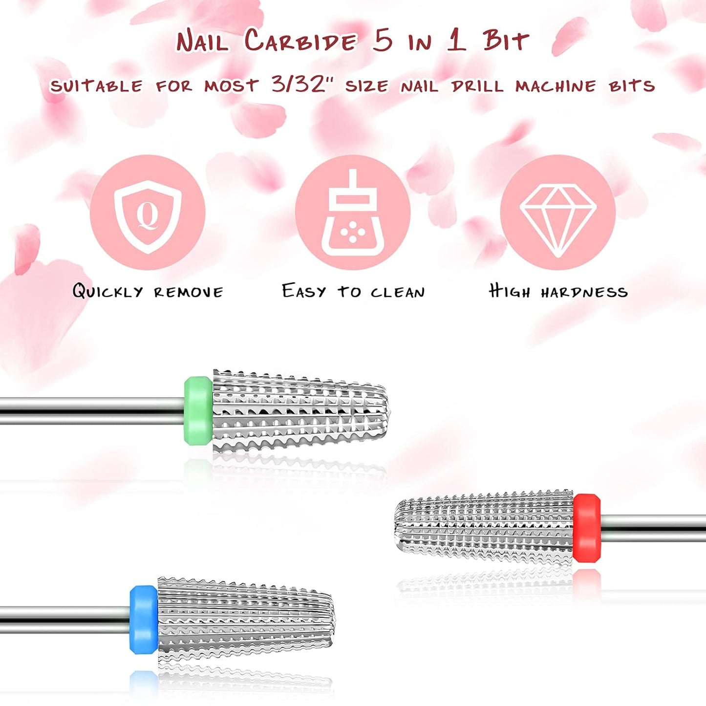 3 Pieces Nail Carbide 5 in 1 Bit, Nail Drill Bits Set-2 Way Rotate Use for both Left to Right Handed, 3/32 Inch Shank Size Drill Machine for Fast Remove Acrylic or Hard Gel (Silver)