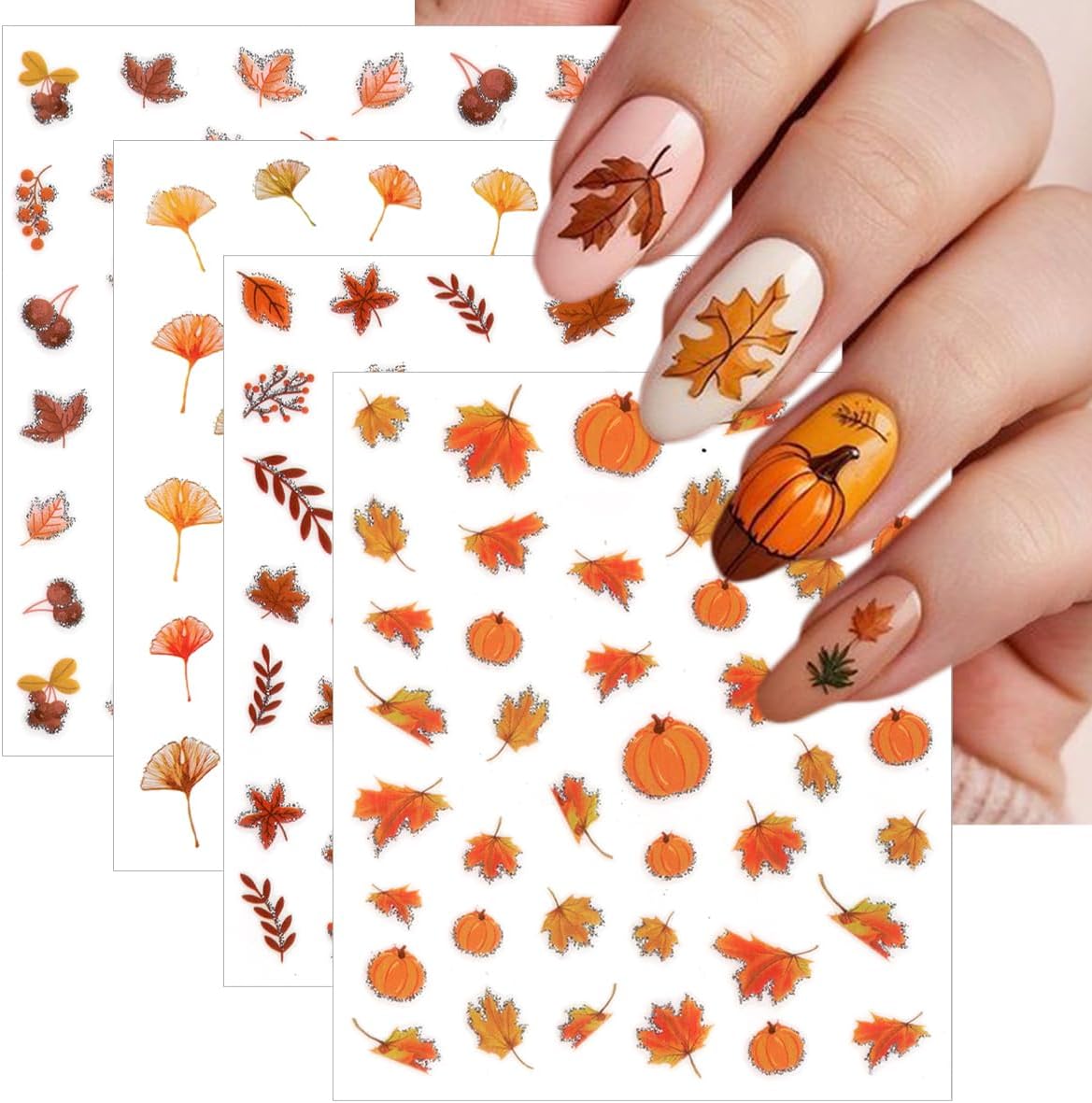 8 Sheets Fall Nail Stickers for Nail Art, 3D Self-Adhesive Bronzing Thanksgiving Nail Decals Pumpkin Maple Leaf Ginkgo Leaves Designs Nails Decorations Autumn Nail Art Supplies for Women