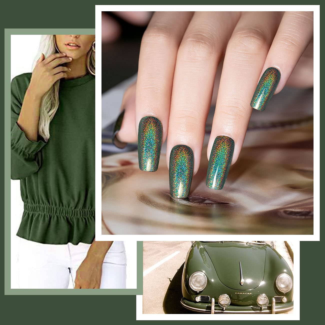 RARJSM Holographic Nail Polish Army Green Gel Nail Polish 7.5ML Gorgeous Glossy Hologram NailGel Curing Required Gel Polish Nail Art Manicure Salon DIY at Home