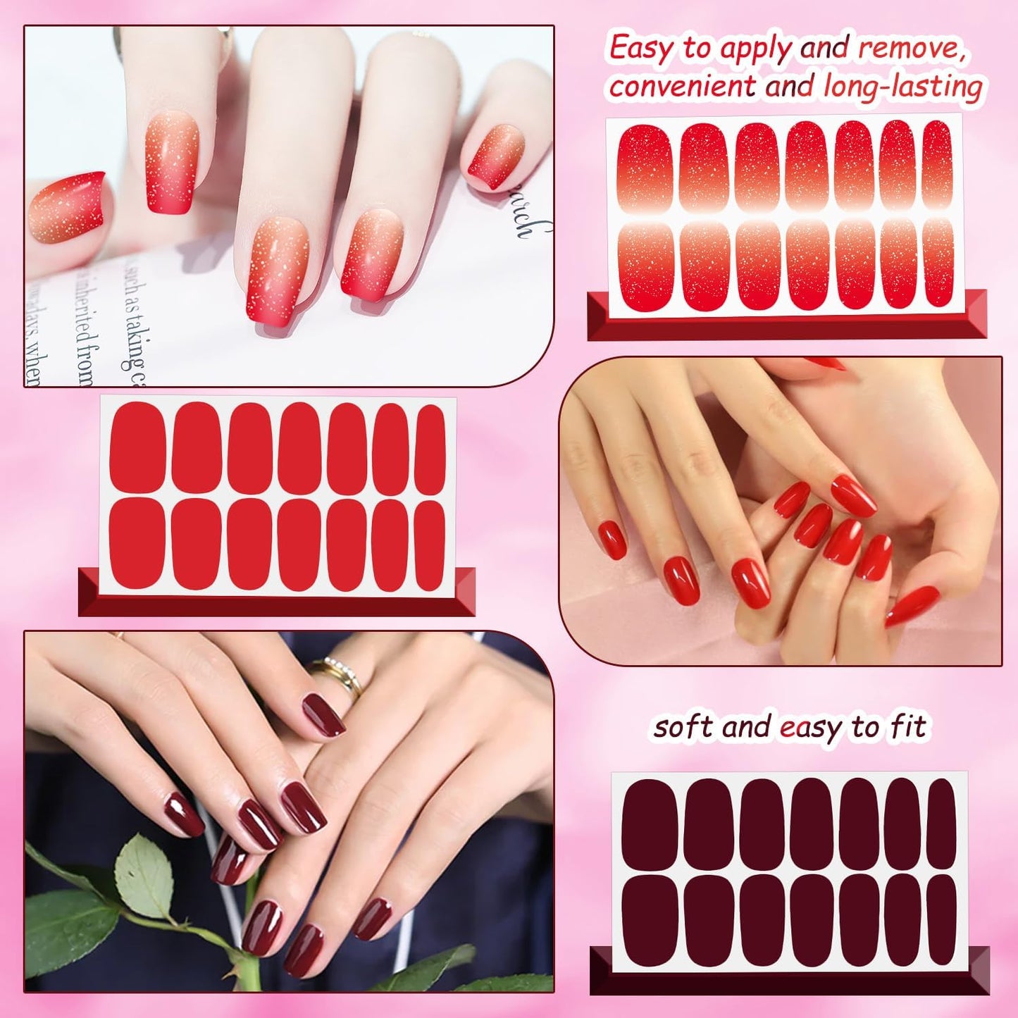 DANNEASY Nail Polish Strips (20 Sheets - Red Solid&Glitter) Gel Nail Stickers Full Nail Wraps Gel Nail Strips Self-Adhesive Manicure Sticker Nails for Women with Nail File, Cuticle Stick