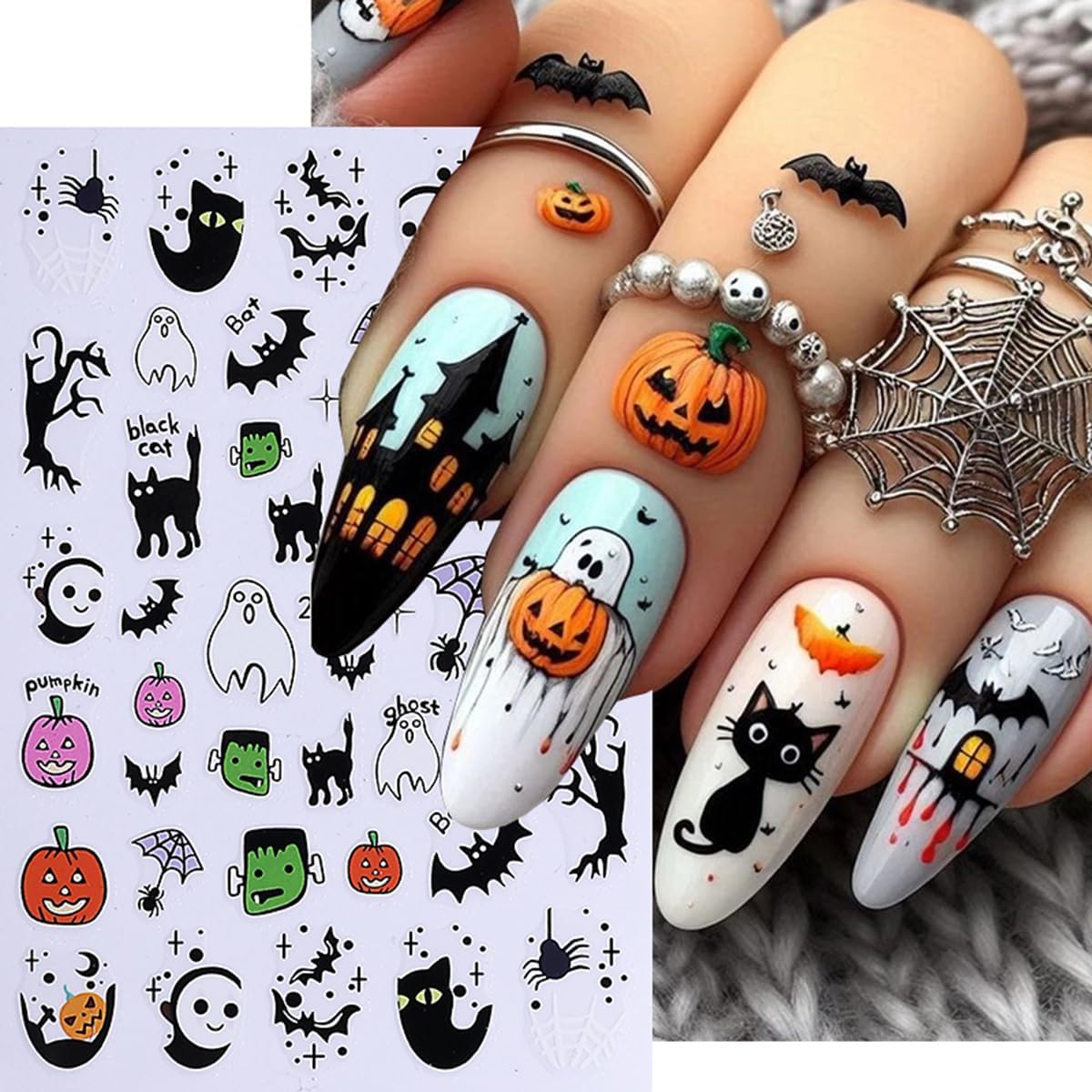 Halloween Nail Art Stickers Decals 3D Halloween Nail Stickers for Nail Art 6PCS Ghost Spiders Web Bat Pumpkin Black Cat Self-Adhesive Nail Art Design Manicure Sliders for Women DIY Nail Decorations