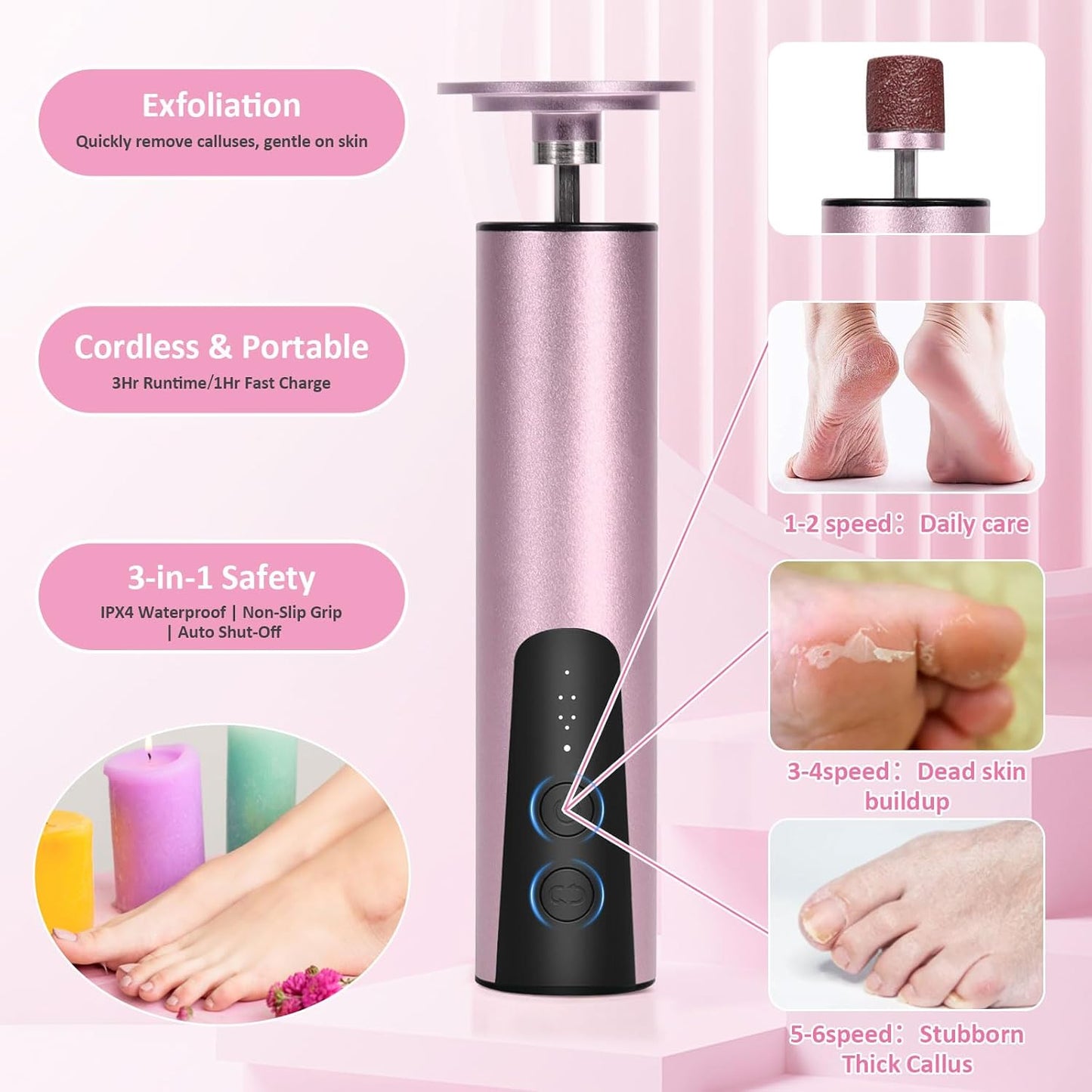 Electric Callus Remover for Feet, 6-Speed Pedicure Tool with 2-in-1 Rechargeable Foot File Callus Remover with USB Charging & 3 Types of Sandpaper, Dead Skin Remover for Dry Cracked Heels (Pink)