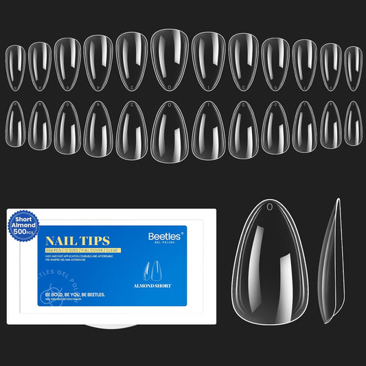 Beetles Gel Nail Tips Soft Nail Extension Set 504Pcs 12 Sizes Pre-Shape Clear Short Almond Nail Tips Press on Soft Gel Tips for Full Cover Soak off False Nails for Nail Art DIY Home Manicure