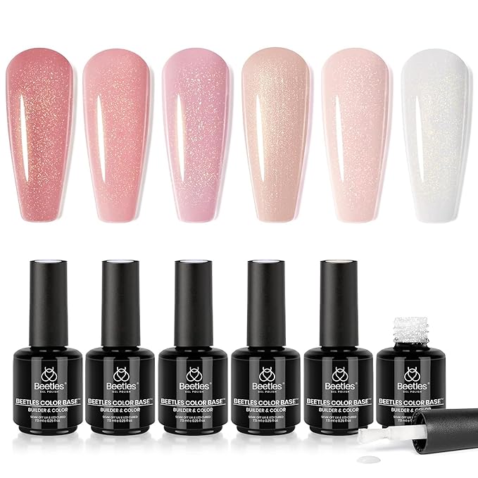 Beetles Rubber Base Gel Nail Polish – Glitter Nude Pink Builder Base Coat for Natural Nails, Nail Strengthening, Long-Lasting Soak Off UV LED Gel Gift for Women