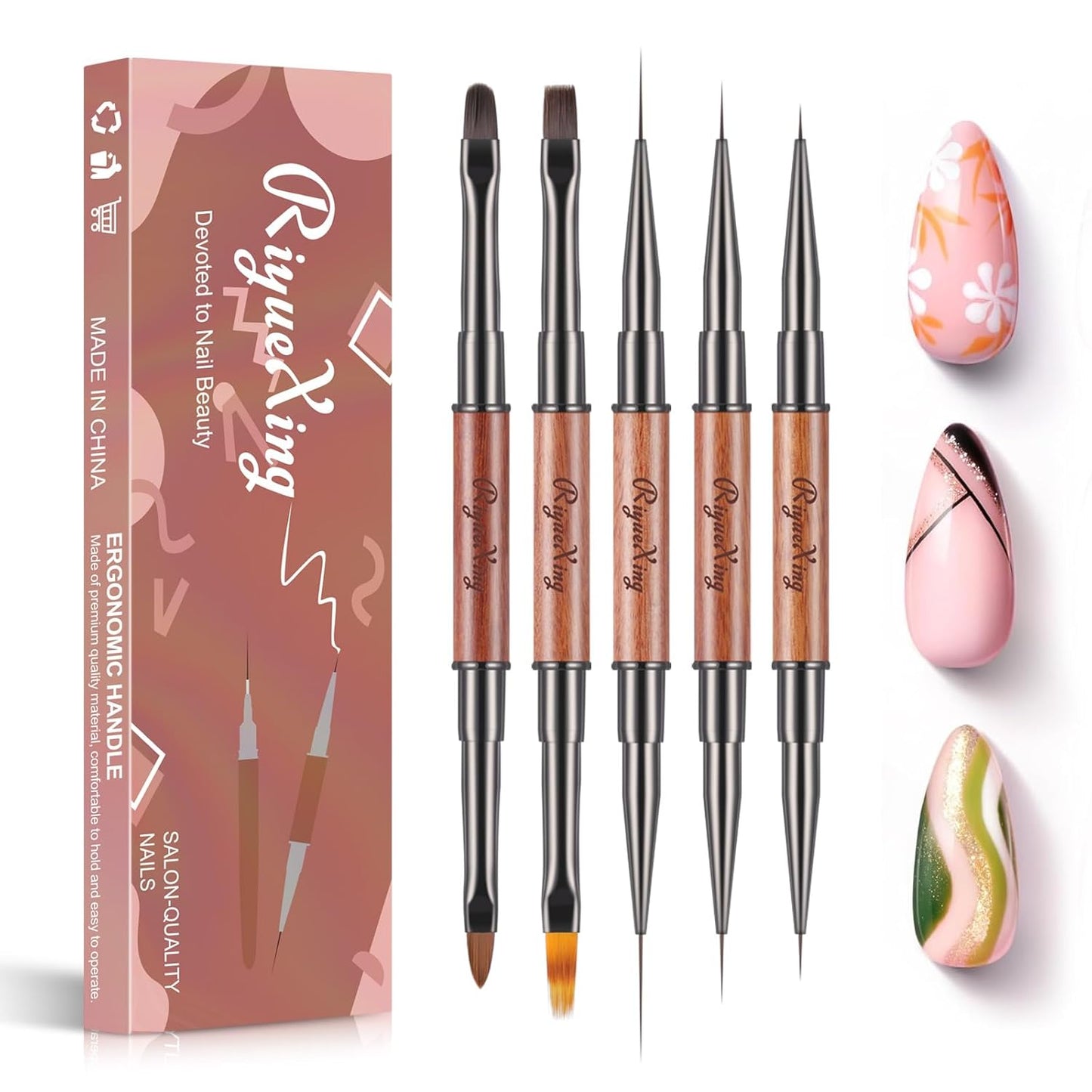 Nail Art Bushes Set - Professional 5Pcs Double-Ended Nail Brush for Art, Long Lines, Ombre & 3D Design Nail Brush Pen for Gel Polish Manicure DIY Home Salon