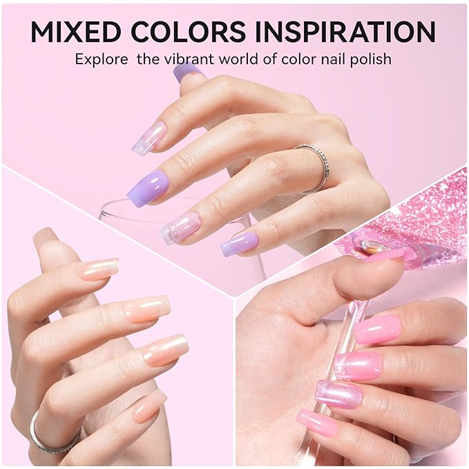 Nail Polish Set, Glitter Holographic Nude Peach Pink Shimmer Shades 16 Colors Nail Lacquer with Clear Base Top Coat & Remover Pads, Hema-free, Air Dry Non Gel