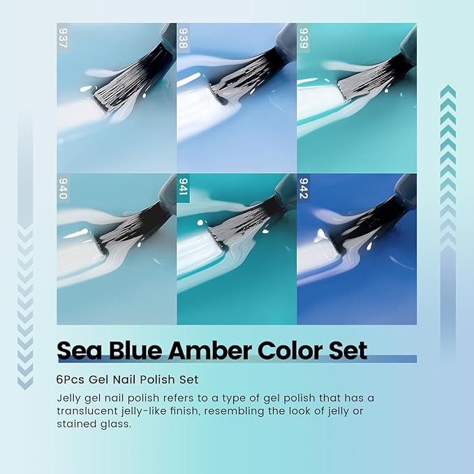 RARJSM Blue Jelly Gel Nail Polish Set 6pcs Clear Crytal Glass Light Royal Navy Blue Series Transparent Sheer Amber Milky Gel Varnish LED UV Curing Requires Soak off French Manicure Home Salon