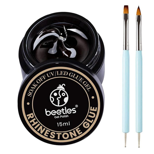 Beetles Rhinestone Glue for Nails with 2 Dual Purpose Brush Pen, 1Pcs 15ml Nail Glue for Nail Art Adhesive Resin Gems Diamonds Jewelry Decoration Soak Off Led Lamp Fall Nails Gifts for Women