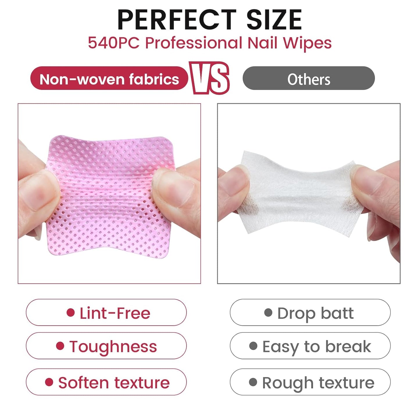 Lint Free Nail Wipes in storage case, Non-Woven Soft Nail Polish cleaner Wipes, Super Absorbent Pad for Fingernail Polish Remover - Eyelash Extension - Finger Art Supplies (1080 Pink)