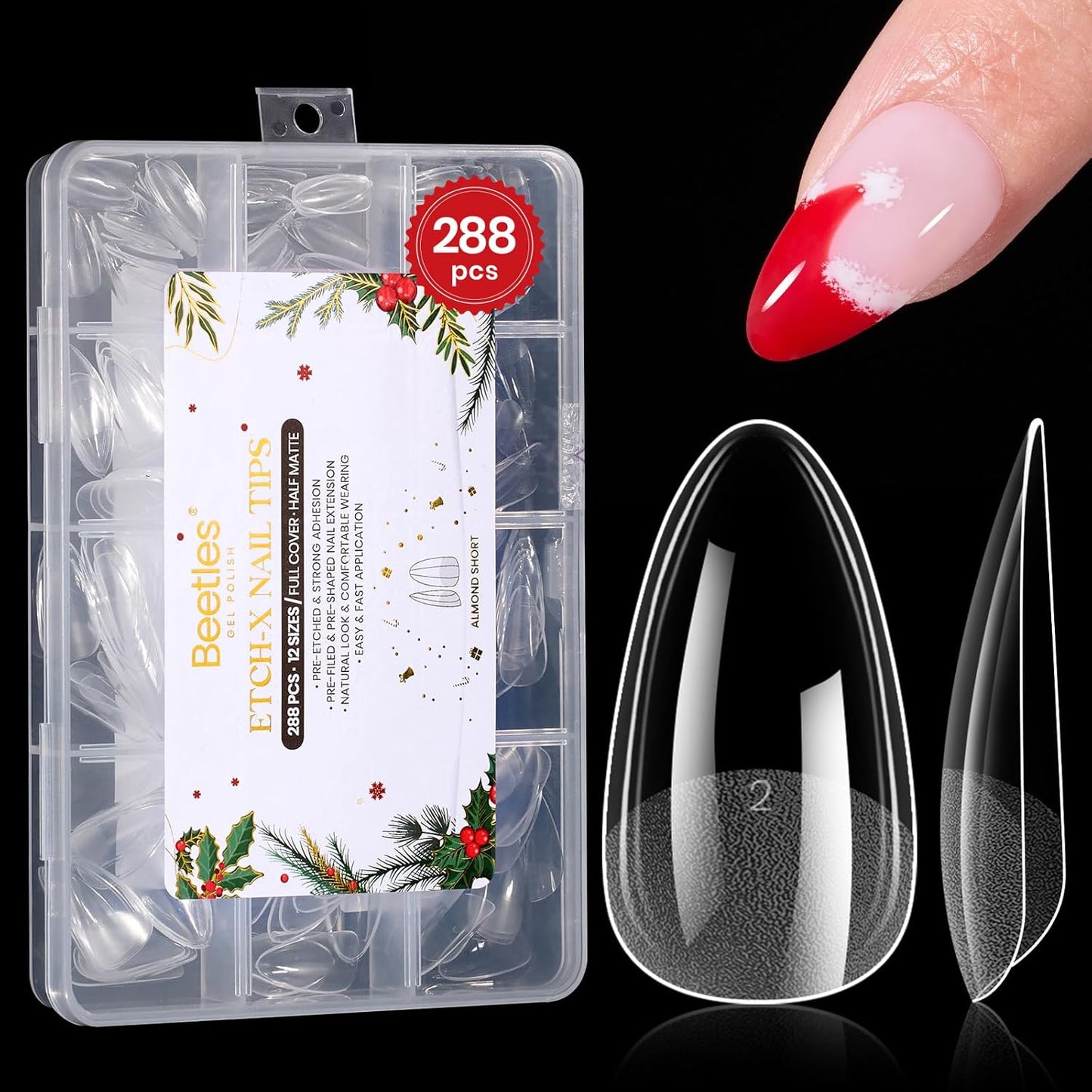 Beetles Gel Nail Tips Etch-X, Almond Short, 288pcs 12 Sizes, Pre-Etched Half Matte Full Cover Soft Acrylic False Nail Tips Almond Shape Easy DIY Nail Extension Salon Christmas Limited Gift for Women