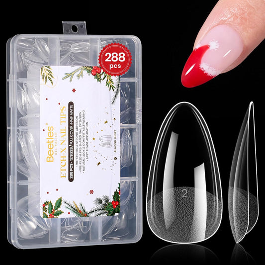 Beetles Gel Nail Tips Etch-X, Almond Short, 288pcs 12 Sizes, Pre-Etched Half Matte Full Cover Soft Acrylic False Nail Tips Almond Shape Easy DIY Nail Extension Salon Christmas Limited Gift for Women
