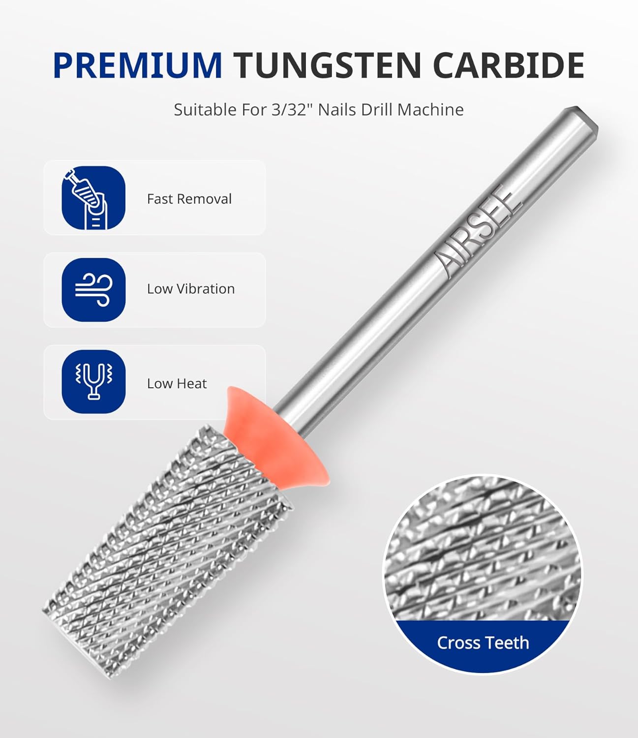 AIRSEE Tungsten Carbide Acrylic Nail Drill Bit Efile Electric File Machine Head Tip for Manicure Polishing Art Remove Gel 3/32" 2 Way Professional Tech Flat Top Tapered Barrel Fine-F