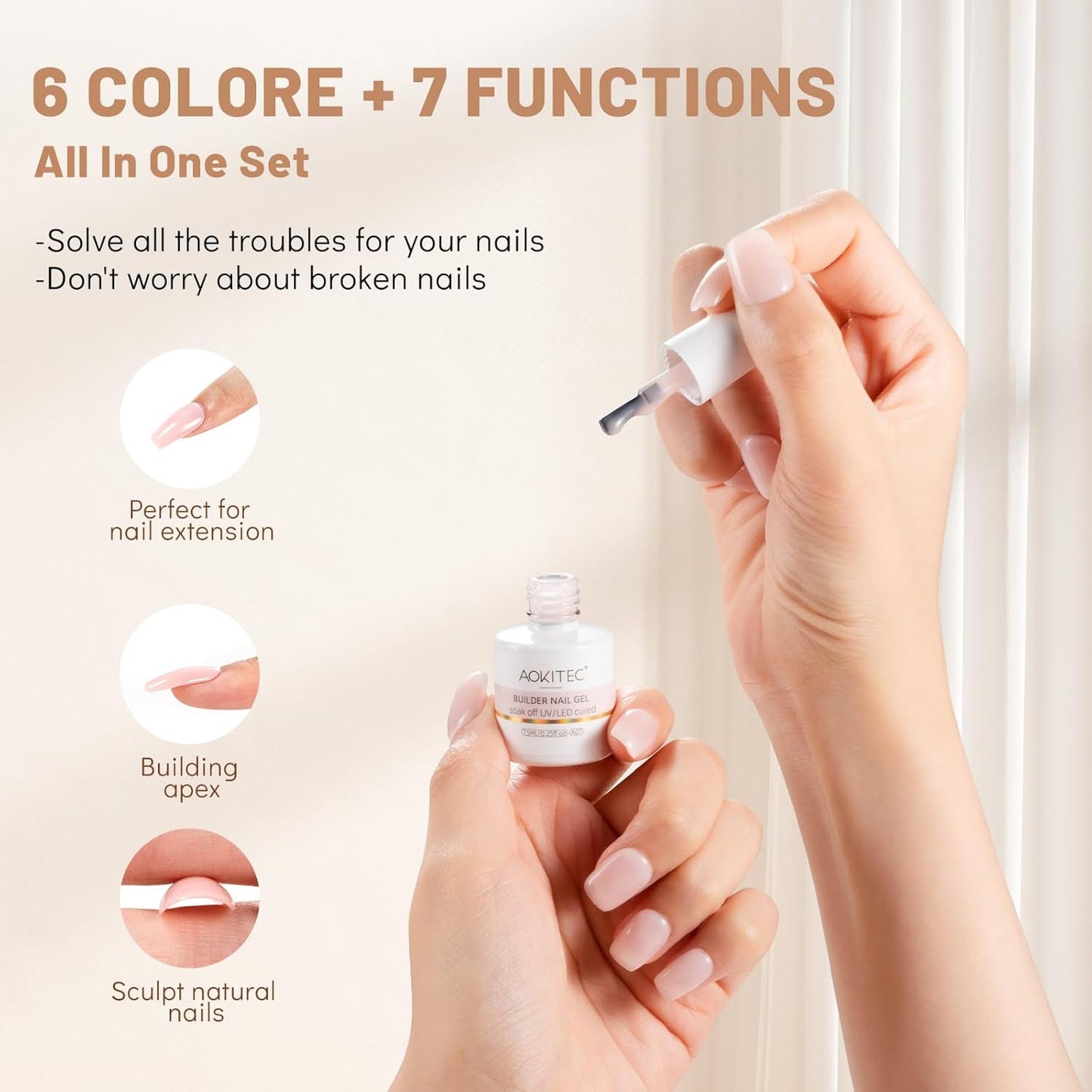Aokitec 7-in-1 Builder Nail Gel Set, 6 Colors Pink Nude Milky White Hard Gel Builder Nail Strengthener Extension Nail Polish Rhinestone False Nail Tips Glue in a Bottle, Gifts for Women