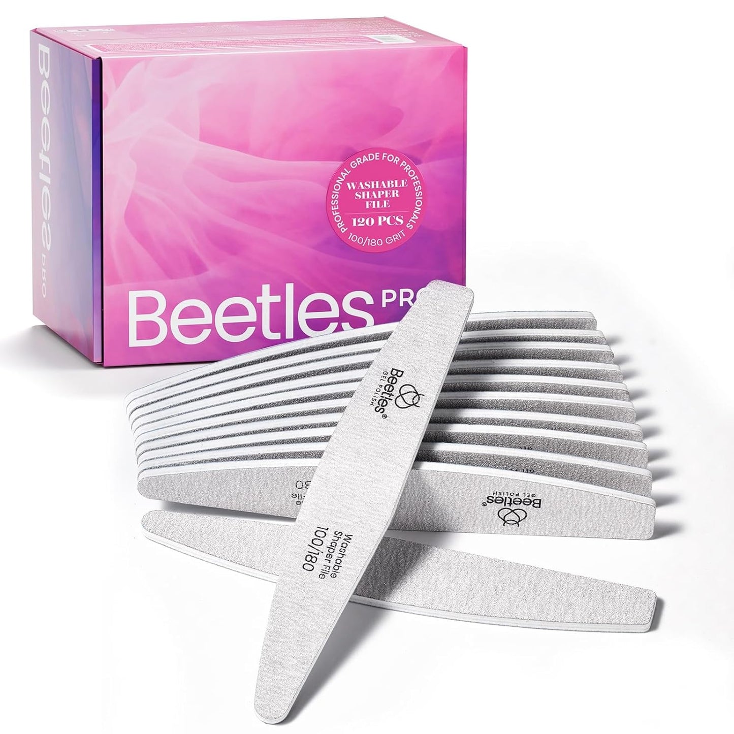 Beetles Pro 120-Pcs Nail File – Professional 100/180 Grit Double Sided Emery Board Nail Files Washable Shaper Files for Acrylic, Gel & Natural Nails – Salon Quality Manicure Tool