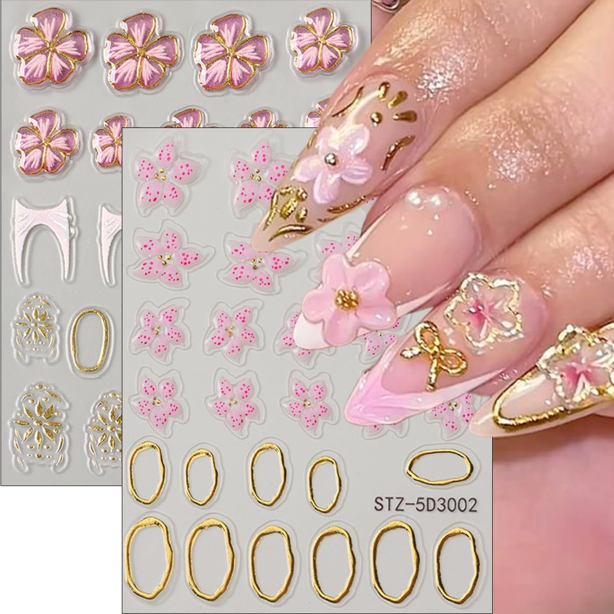Flower Nail Stickers 5D Embossed Cherry Blossom Nail Decals Pink Floral Gold Star French Nails Art Stickers Cute Nails Supplies Spring Flower Manicure Decoration Accessories Charms for Women Girl 4Pcs