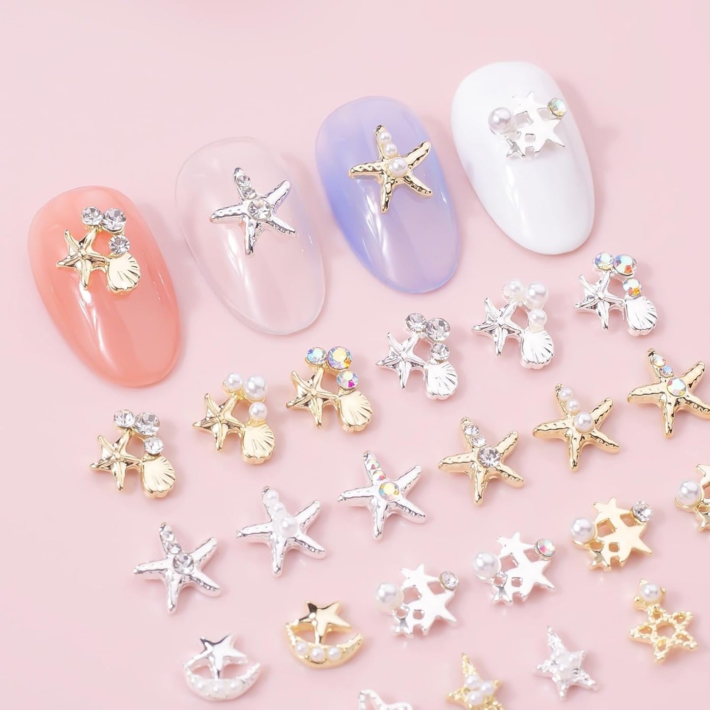 18Pcs Mixed Color 3D Starfish Nail Charms Alloy Summer Beach Nail Art Rhinestones Ocean Theme Shell with Flatback Pearls Caviar Beads Designs Nail Charms Summer Beach DIY Crafts Manicure Decoration