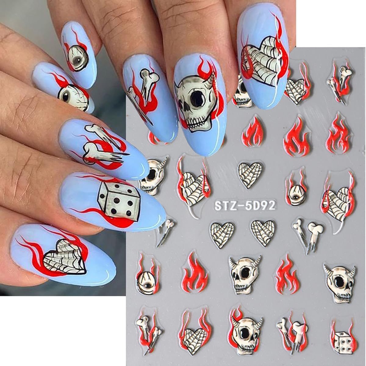 8 Sheets Halloween Nail Art Stickers - Goth Ghost, Skeleton Skull Spider Nail Decals - 3D, 5D Black Wing Nail Supplies - DIY French Manicure
