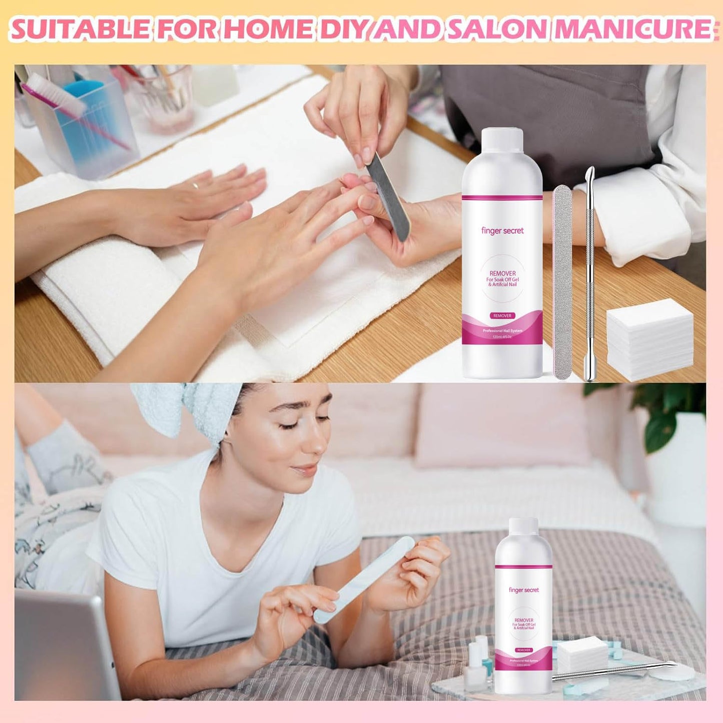 2 PCS Finger Secret Nail Polish Gel Remover with Glass Cup and 50 Cotton Pads - Professional Fingernail Polish Remover for Soak Off Gel and Artificial Nails.Removes Easily
