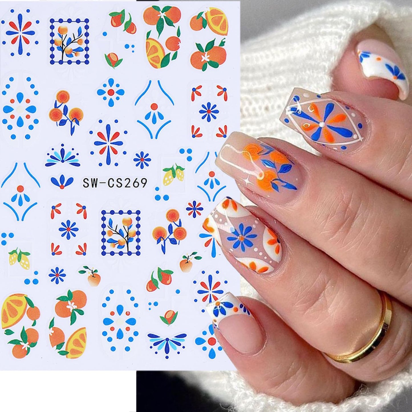 6 Sheets Autumn Fruit Nail Decals for Nail Art 3D Self-Adhesive Orange Lemon Nail Art Stickers Bohemian Style French Tip Nail Stickers Fall Flower Nail Supplies for Women Acrylic Nails Decoration
