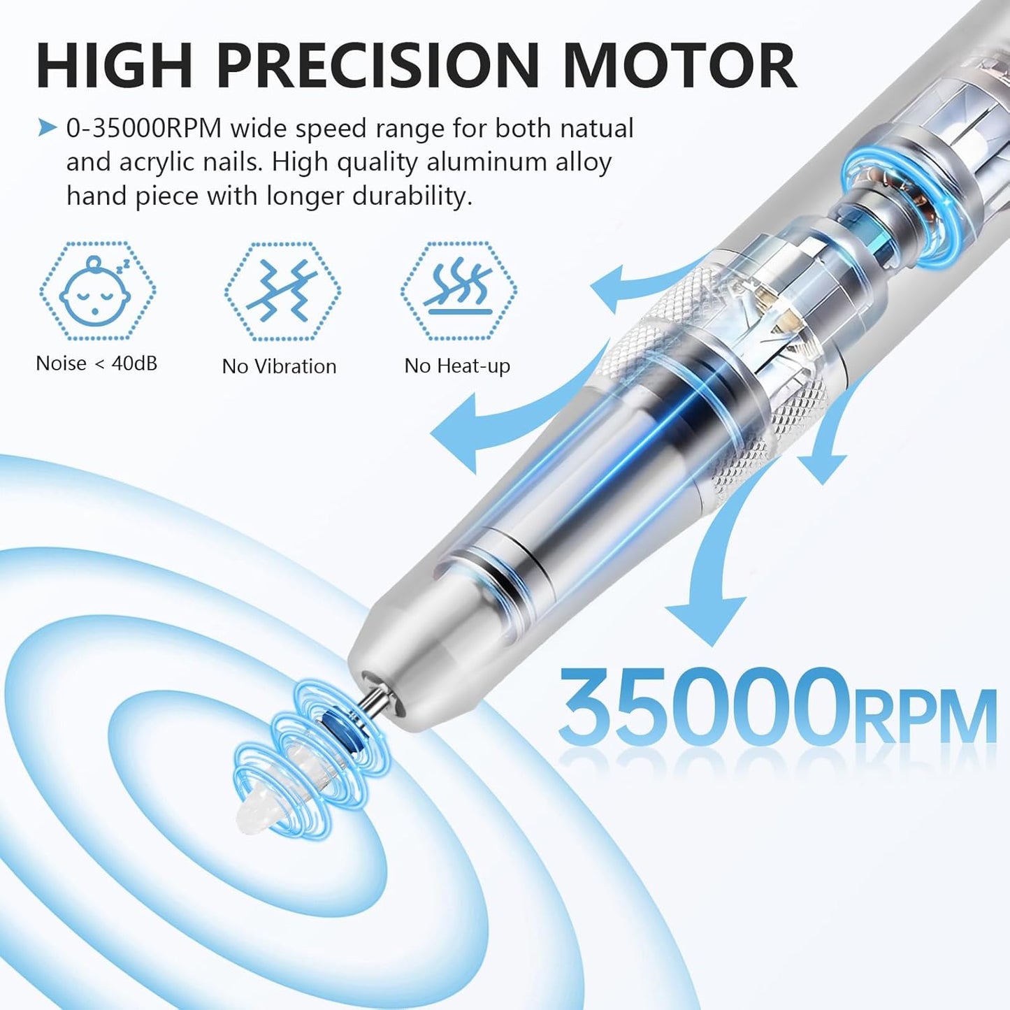 Kredioo Electric Nail Drill Professional for Salon Use 35000RPM Efile File Kit for Gel Nails Polish Remover with 11 Bits and Sanding Bands Build-in Bit Holder -Silver