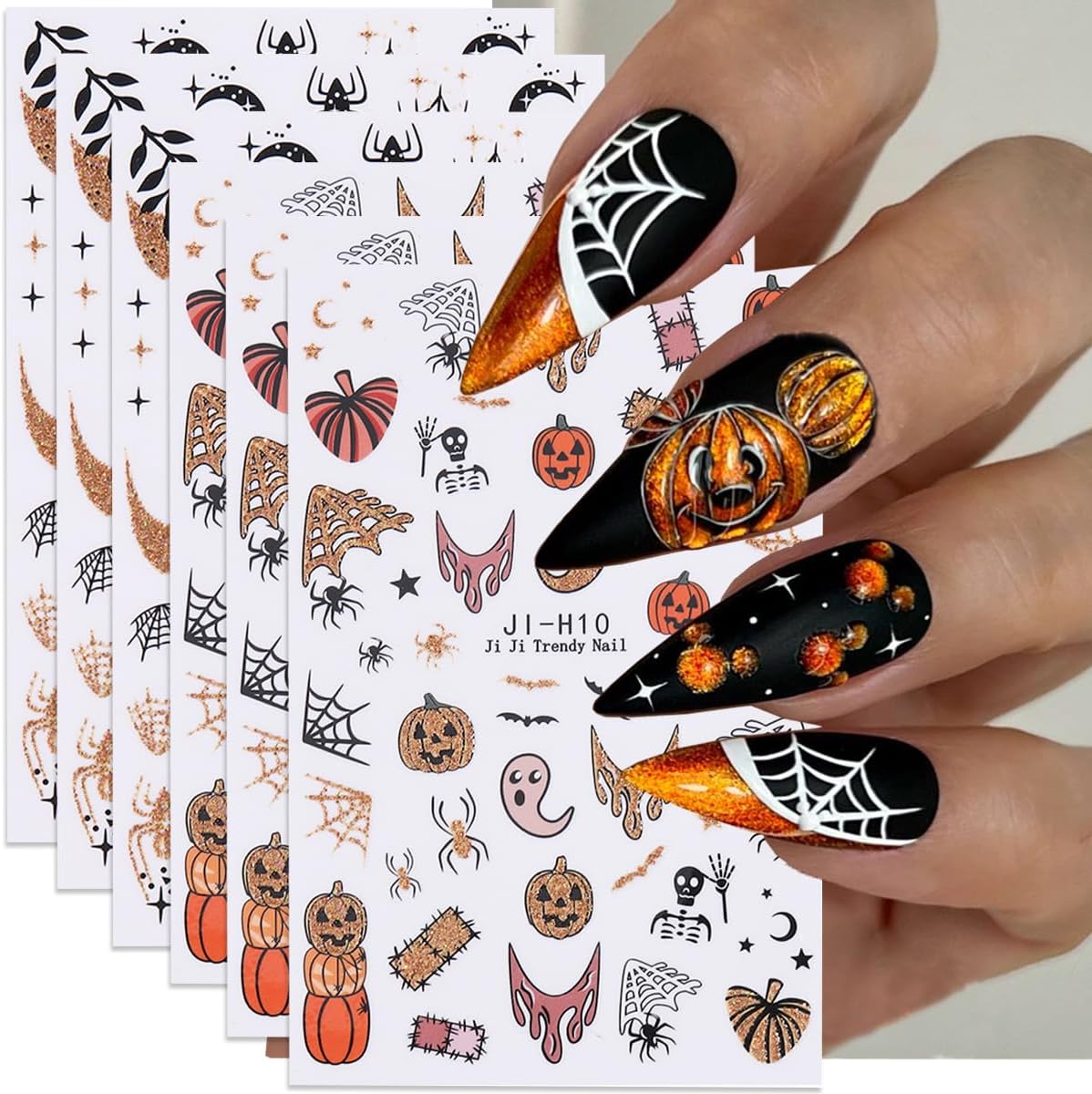 Halloween Nail Stickers for Nail Art, 3D Self-Adhesive Halloween Nail Decals Nail Art Supplies 6PCS Glitter Pumpkin Spider Web French Tip Cute Design Holiday Sticker for Women DIY Manicure Decorations