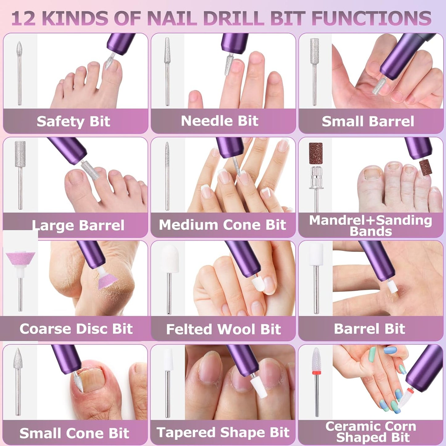Electric Nail Files Cordless, Professional Nail Drill LCD Display With 12 Bits 30000RPM Rechargeable Manicure Pedicure EFile For Gel Nail Polish Acrylic Nails Thick Toenails Removal,Grey purple