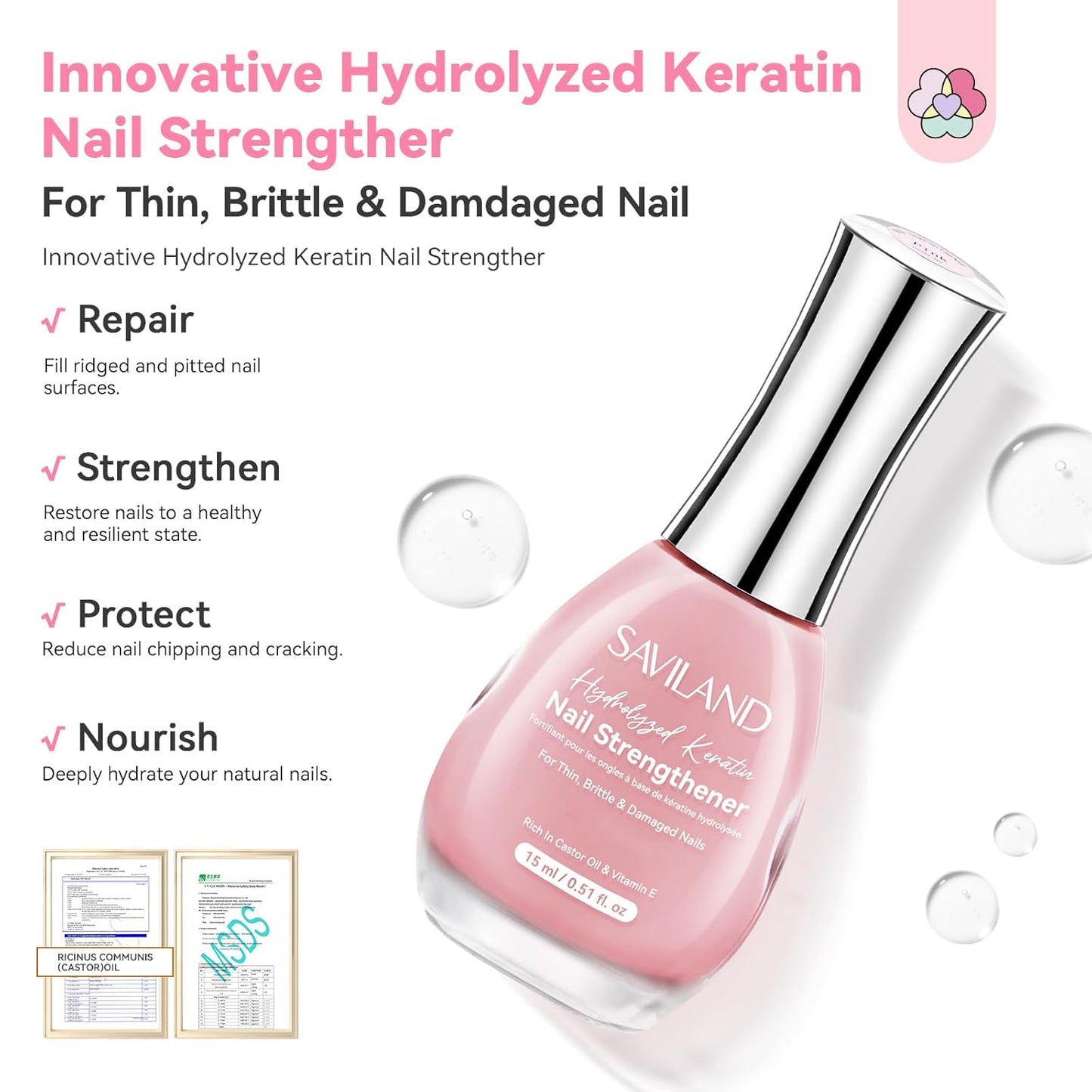 SAVILAND Nail Strengthener: Sheer Pink Natural Concealer Foundation Polish Air Dry Nail Growth for Damaged Nails Repair Weak & Thin Nails Nail Care with Castor Oil & Vitamin E 15ml Women Gift