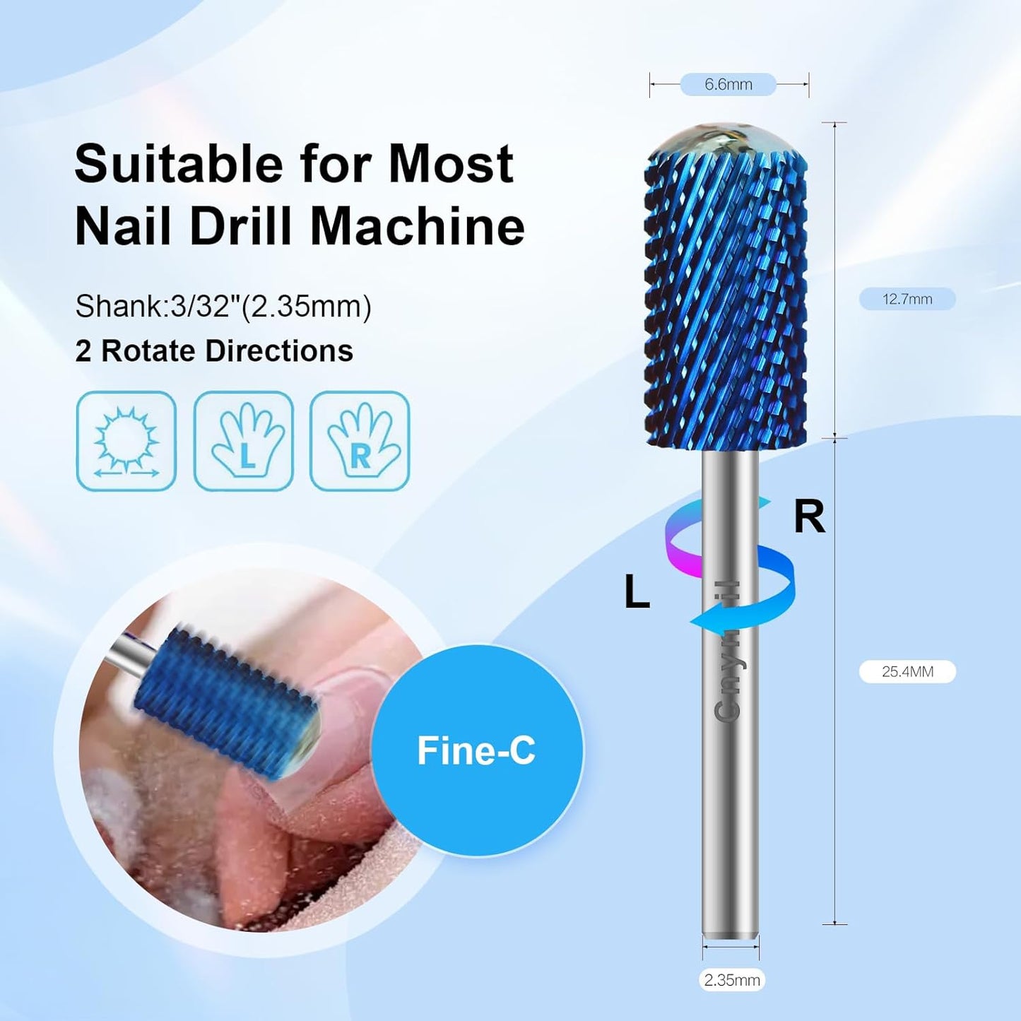 3/32" Large Barrel Smooth Round Top Tungsten Carbide Nail Drill Bit Safety Bit for Gel & Acrylic Removal, 2-Way Rotating Efile Tip, Salon Electric File Accessory (C Grit, Blue)