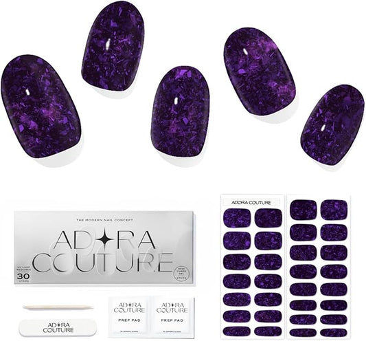 Semi Cured Gel Nail Strips with 30 Pieces - UV Gel Stickers, Manicure Kit, Easy Application Wraps Includes Prep Pads, Nail File, Wooden Stick - UV Light Required (Purple Flake)