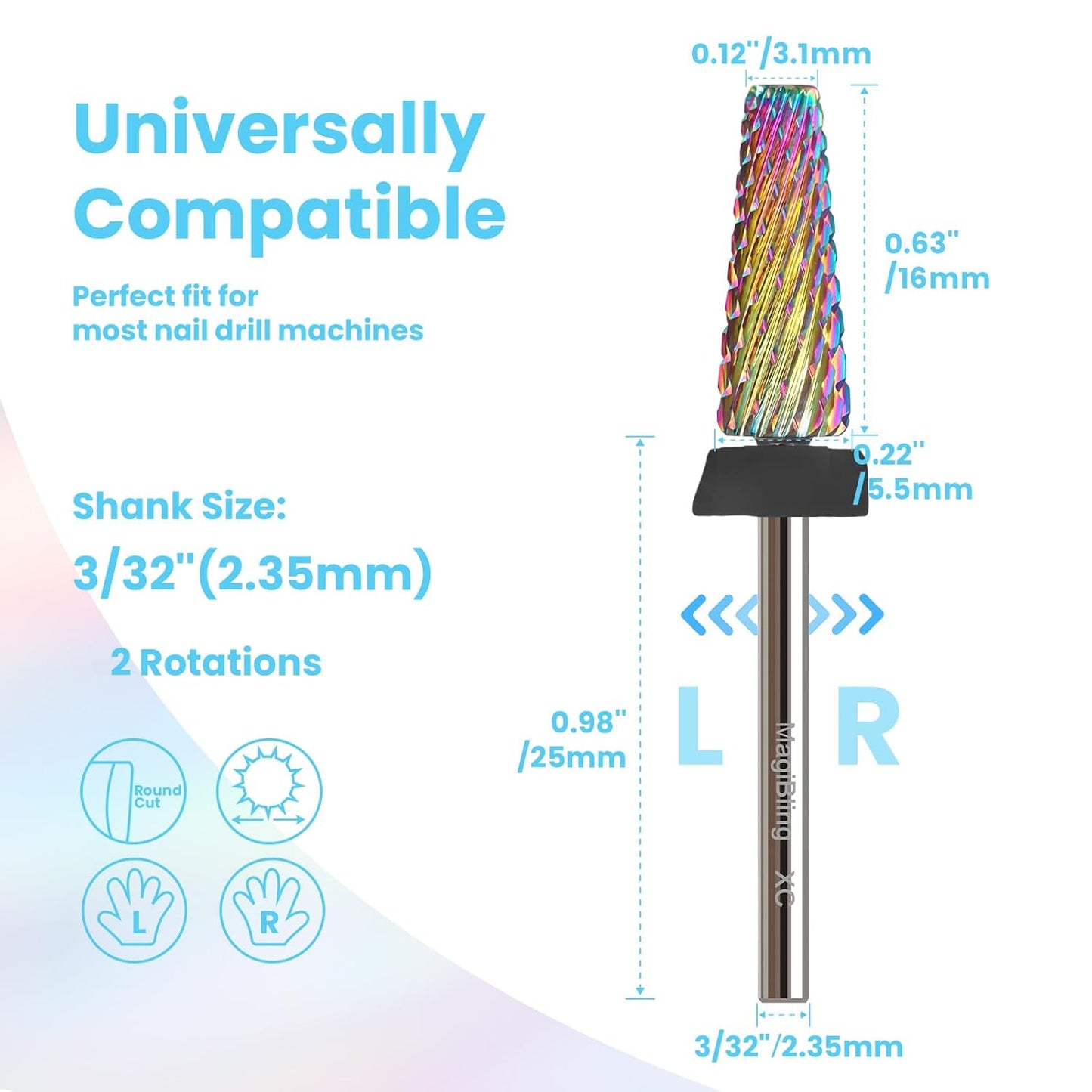 XC 5 in 1 Nail Drill Bits, 16mm Tapered 3/32'' Professional Tungsten Carbide Bits for Efile, 2 Rotation for Electric Drill, Remove Thick Gel Acrylic Fast, Technicians Bits, Extra Coarse.