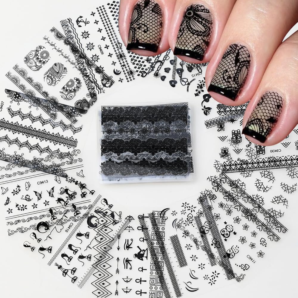 30 Sheets Black Nail Art Stickers 3D Self-Adhesive Black Lace Hollow Nail Decals 3D Black Retro Cat Flower Star Moon Heart Nail Stickers Nail Art Design for Women DIY Acrylic Nails Decoration