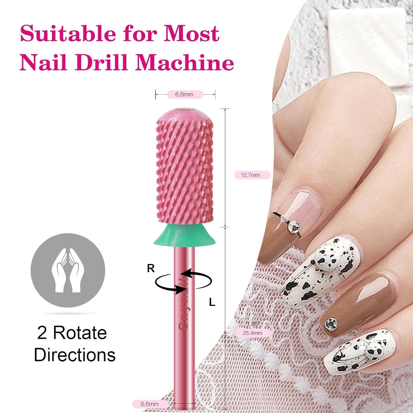 3/32" Large Barrel Smooth Round Top Tungsten Carbide Nail Drill Bit Safety for Gel & Acrylic Removal 2-Way Rotating Efile Tip Professional Salon Electric File Accessory (C Grit, Rose Red)