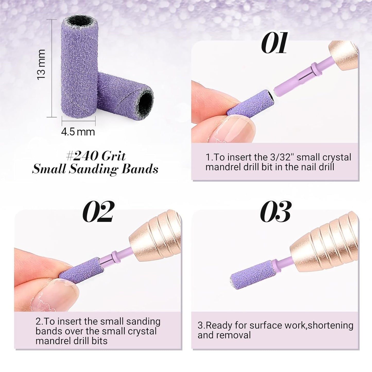 MelodySusie 50 Pcs Nail Drill Bits Small Sanding Bands with 3.1mm Mandrel Bit, 240 Extreme Fine Grit Nail File for Acrylic Nails Gel Manicures and Pedicure, Purple