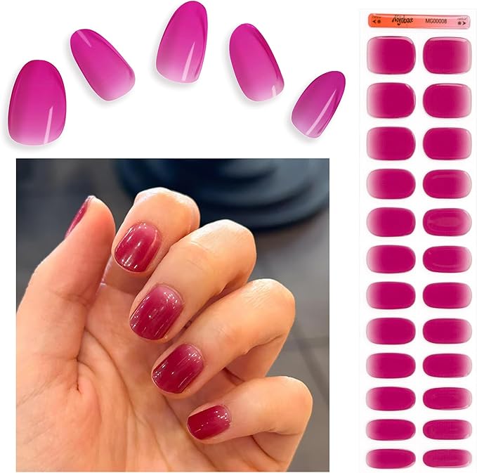 Semi Cured Gel Nail Strips - Minimalist Ombre Nail Polish Wraps, Works with Any UV Lamp - Long Lasting Easy Salon Manicure - 24pcs with 2 Prep Pads, Nail File & Cuticle Stick (Cough Syrup)