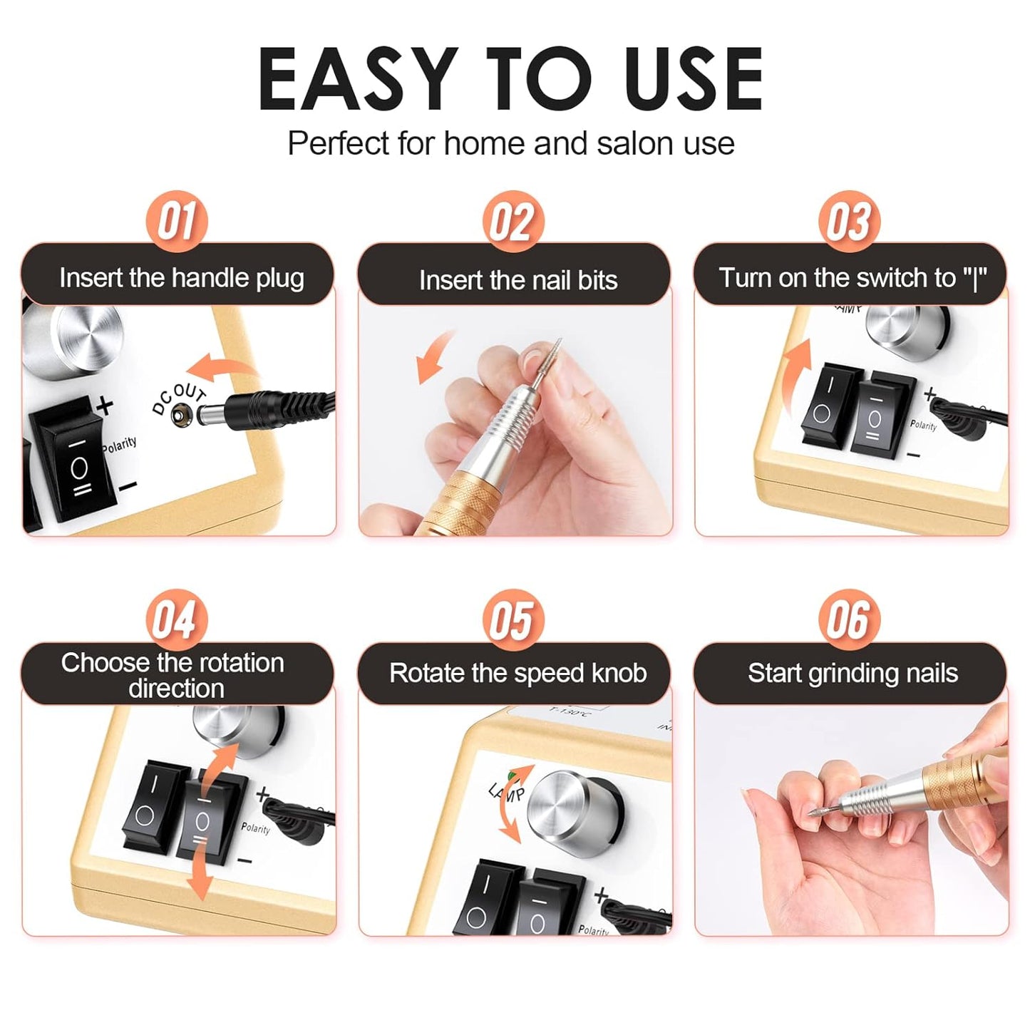 Subay Professional Electric Nail Drill Machine, 30,000RPM Electrical Nail Efile Kit for Acrylic Nails, Gel Nails, Manicure Pedicure Polishing Tools for Professional Salon Use, Golden