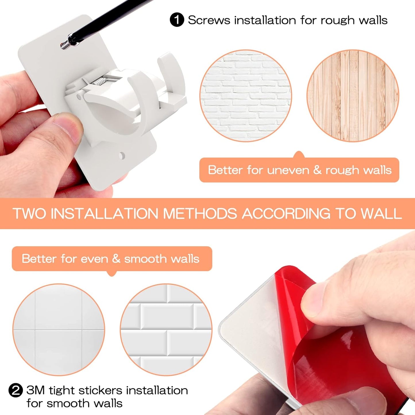 CIEMGNZOC 4PCS No Drill Curtain Brackets, Self-Adhesive Rod Holders, Nail Free Adjustable, Hooks for Rods Under 1.57 Inch (White)
