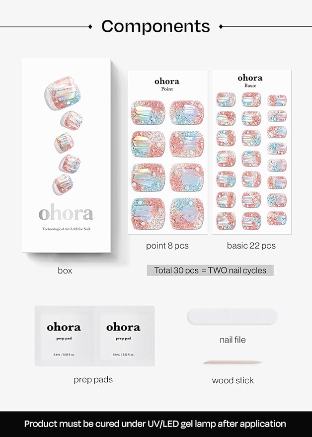 ohora Semi Cured Gel Nail Strips (P Newtro No.1) - Works with UV/LED Lamps, Salon-Quality, Long Lasting, Easy to Apply & Remove - Includes 2 Prep Pads, Nail File & Wooden Stick