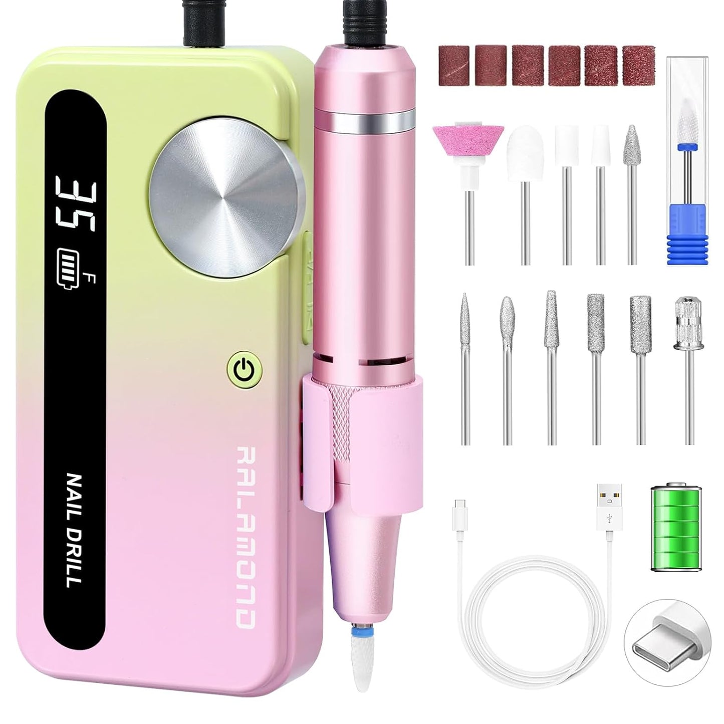 Electric Nail File, 35000RPM Nail Drill Kit with Bits, Professional Nail Drill Cordless for Acrylic Nails, Portable Rechargeable Nail Filer Electric, Efile Nail Drill Acrylic Nails Tool (Yellow Pink)