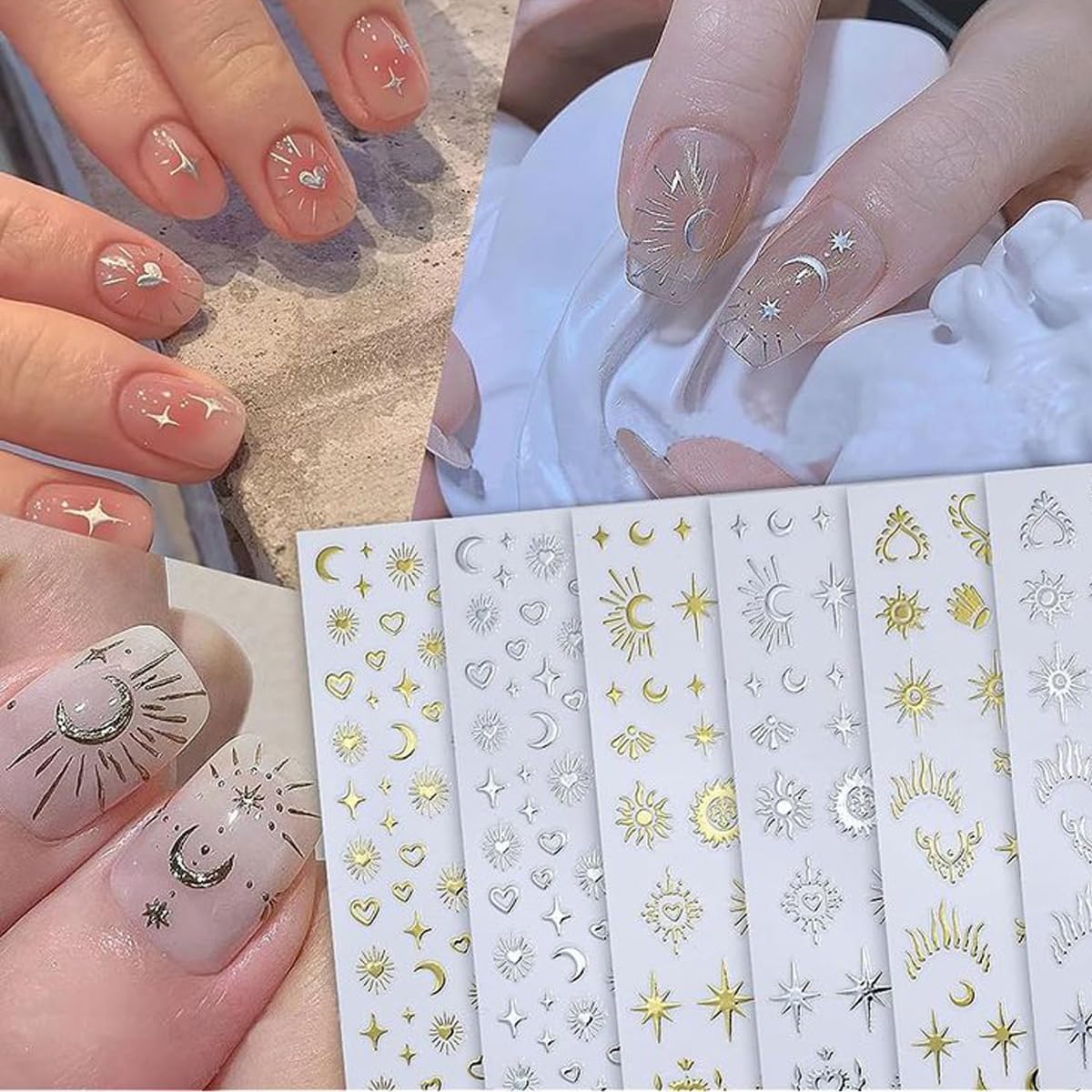 8 Sheets Gold Silver Nail Stickers Stars Heart Nail Decals 3D Self-Adhesive Bronzing Laser Star Moon Sun Love Hearts Metallic Chrome Line Nail Design Sticker for Women Girls Manicure Decoration