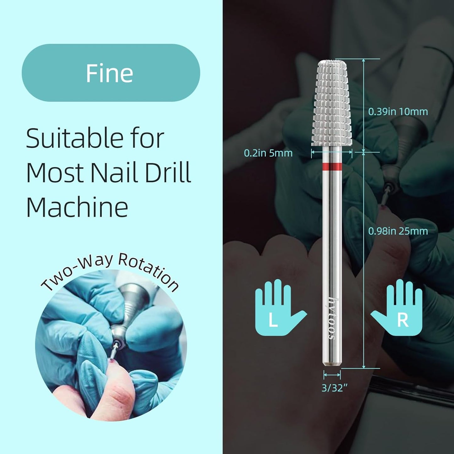 Mini 5 in 1 Nail Drill Bit, 10mm Tapered Drill Bits for Nails, 3/32" Two-way Professional Safety Carbide Nail Bits, Electric Manicure Acrylic Gel Polish Cuticle Clean Removal Tool, Fine