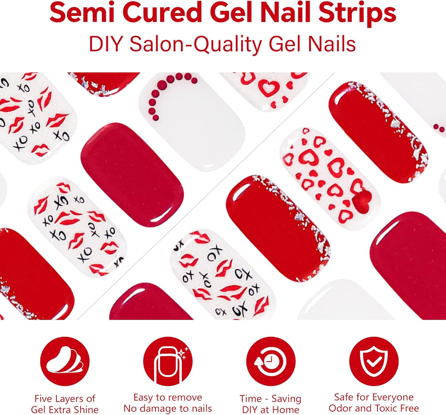 Semi Cured Gel Nail Strips-Magenta Sparkle with Pink Winter Designs, 36Pcs Almond Fake Nails, Christmas Party Nails,Works with Any UV/LED Lamps(Romance-Sign)