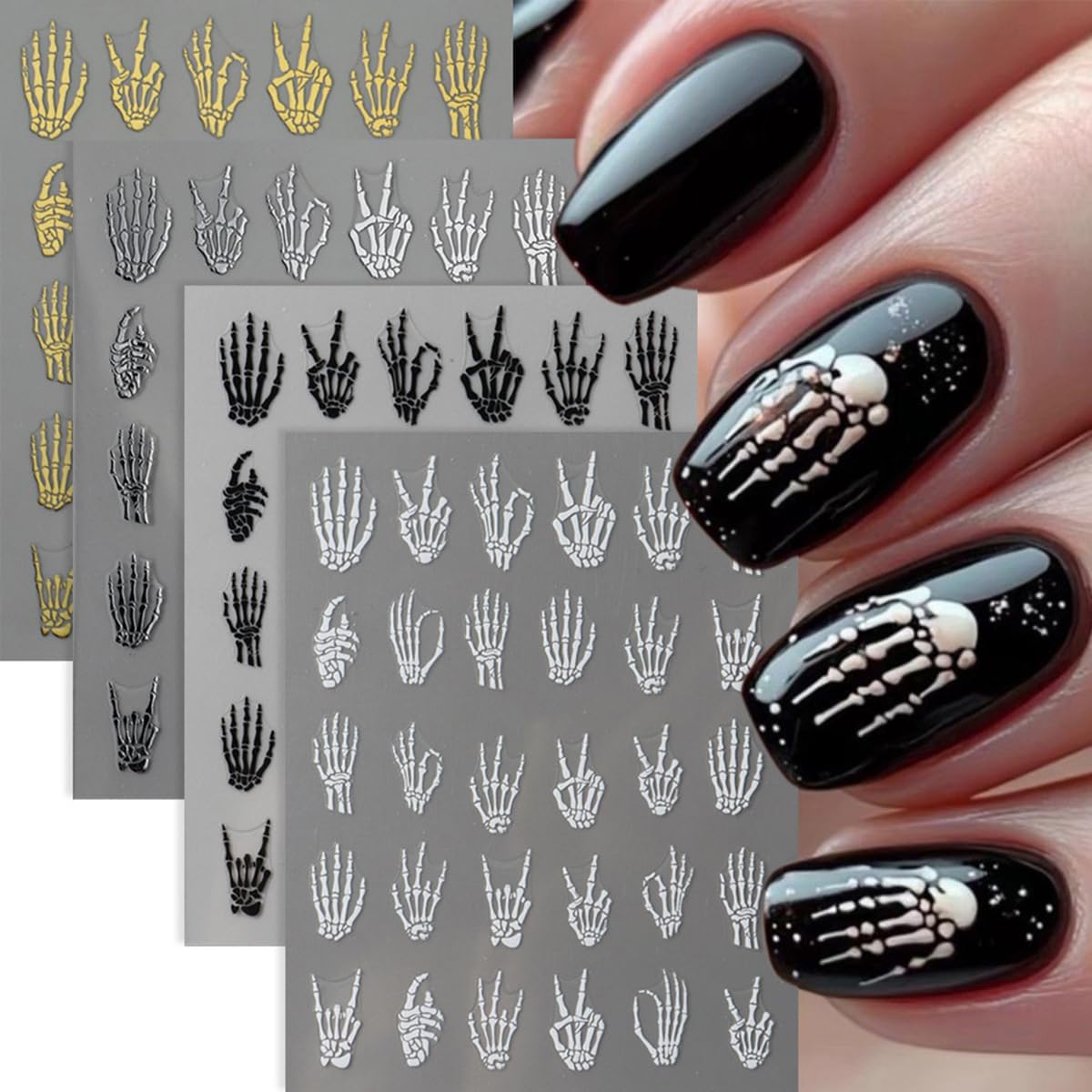 Halloween Nail Art Stickers Decals 3D Finger Bone Nail Stickers 4PCS Black White Gold Silver Fantasy Bone Design Halloween Nails Adhesive Decals Supply for Women Holiday Manicure Nail Art Decorations